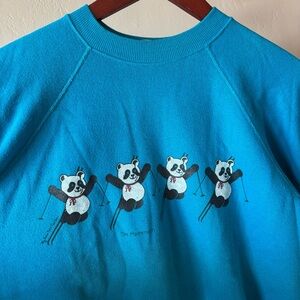 Vintage 80s Ski Mammoth Panda Crew Neck Sweatshirt Blue Large